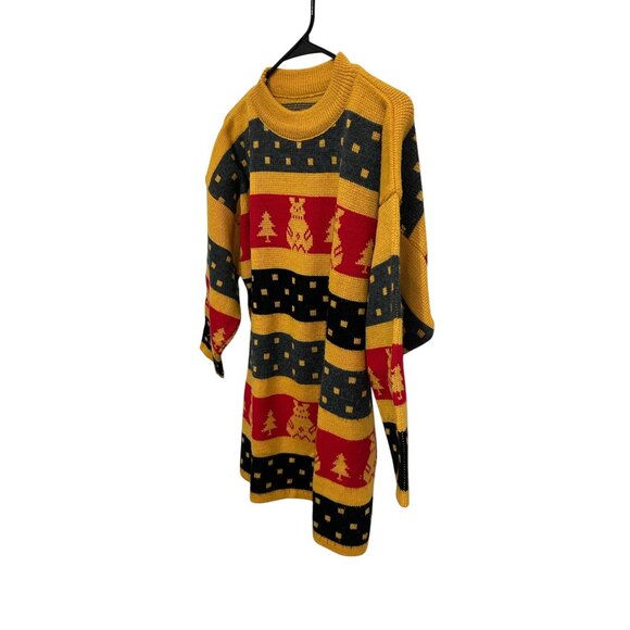 Vintage Holiday Sweater Yellow Red Crewneck Pullover Stripes Cozy Christmas - Picture 2 of 8